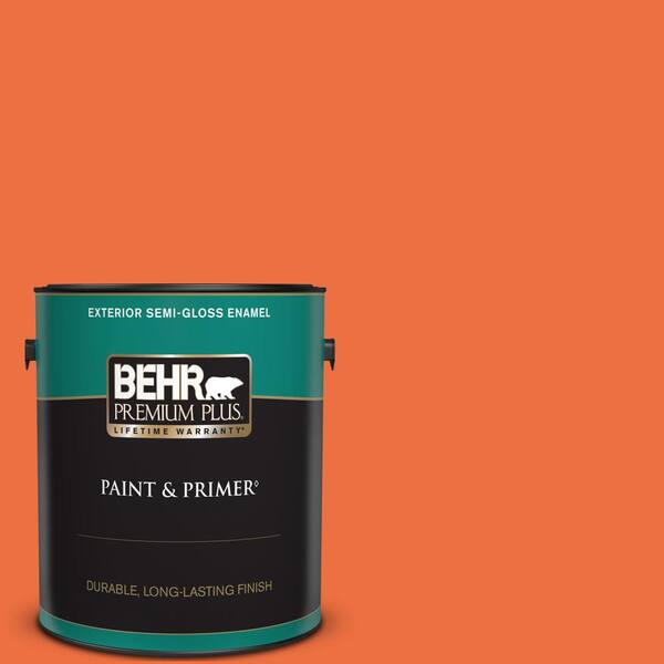 BEHR PREMIUM PLUS 1 gal. #210B-6 Aurora Orange Semi-Gloss Enamel Exterior Paint & Primer