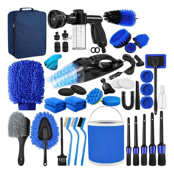 45-Piece Car Detailing Kit with Vacuum Foam Gun Storage Bag Brushes and Polishing Pads for Interior & Exterior Cleaning