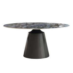 Modern Round White Top Sapphire Stone Tabletop 53.15 in. Black Titanium Stainless Steel Pedestal Dining Table (4 Seats)