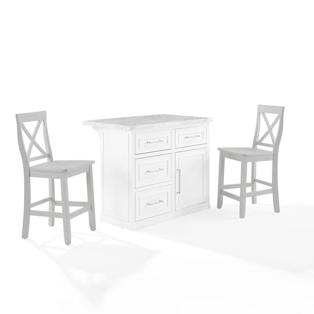 CROSLEY FURNITURE Cutler White Faux Marble 42 in. Kitchen Island with Stools KF30095WHGY The