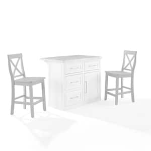 Cutler White Faux Marble 42 in. Kitchen Island with Stools