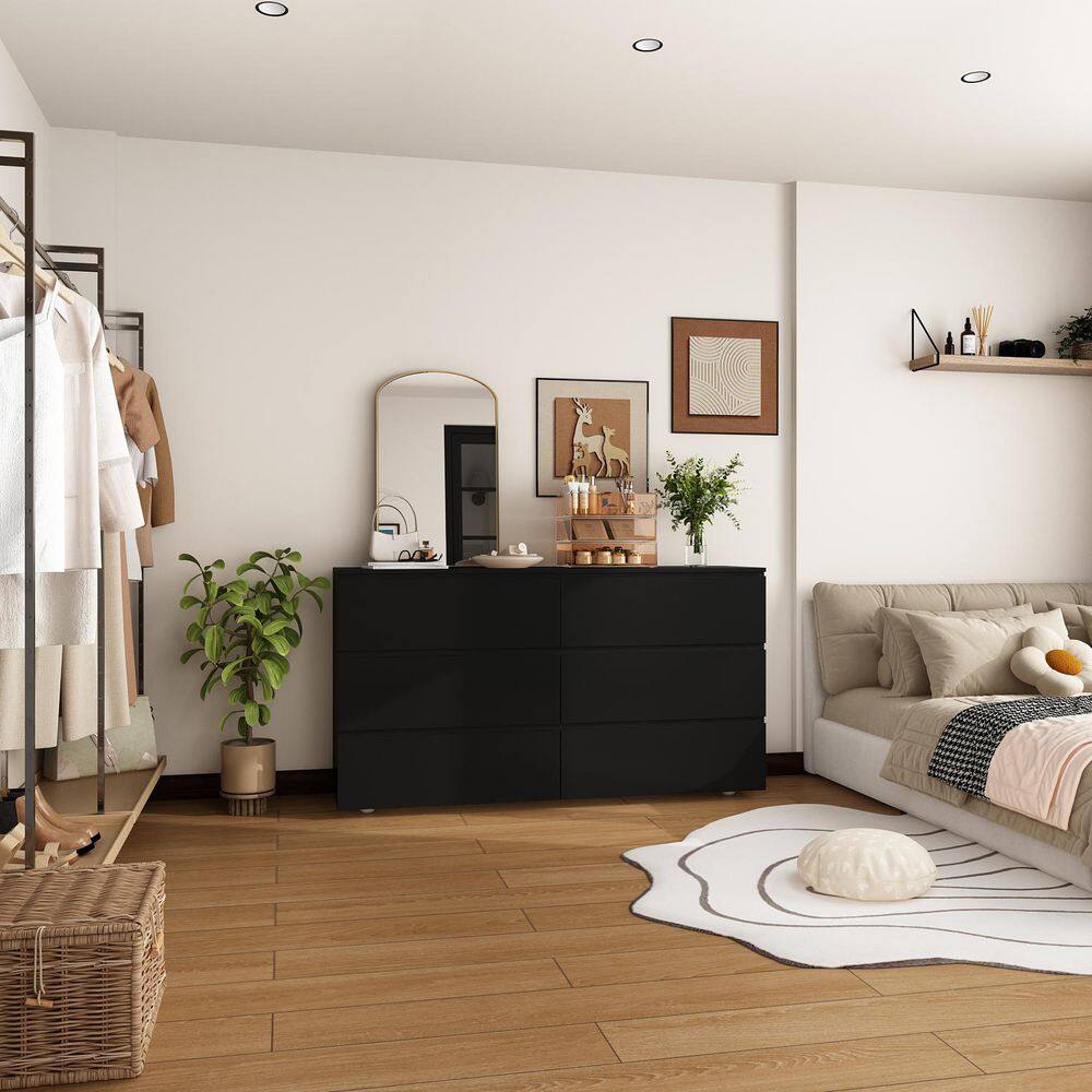 Black 6-Drawer 59 in. W Wooden Dresser without Mirror, Chest of Drawers, Storage Sideboard - thumbnail 10