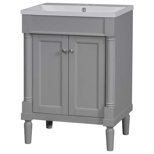 XUJMK 24 in. W x 18 in. D x 34 in. H Freestanding Bath Vanity in Gray with White Ceramic Top