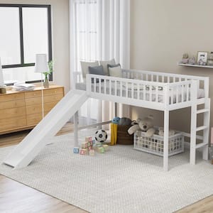 White Diella Twin Size Low Loft Bed with Ladder and Slide