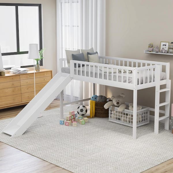 Qualler White Diella Twin Size Low Loft Bed with Ladder and Slide