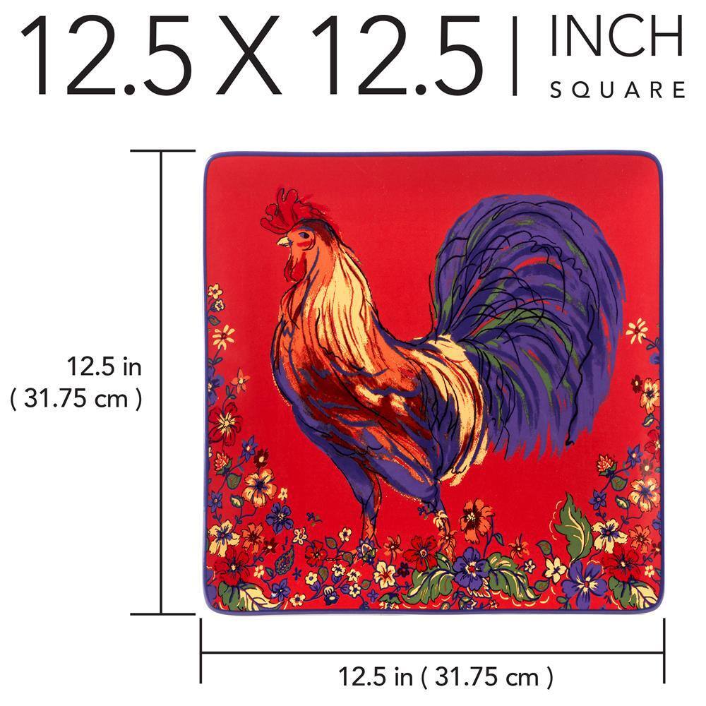 Vibrant Red Ceramic Square Platter with Rooster Design