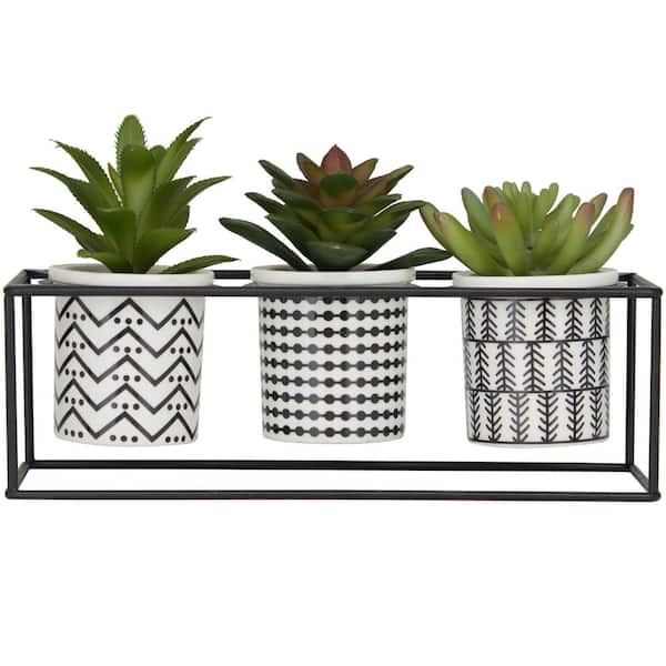 Novogratz 6 in. H Succulent Artificial Plant with Realistic Leaves and Tribal Pots Inside Black Metal Stand