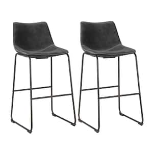 Leisure Chair 30 in. Faux Charcoal Leather, High Back, Black Steel Bar Stool (Set of 2)