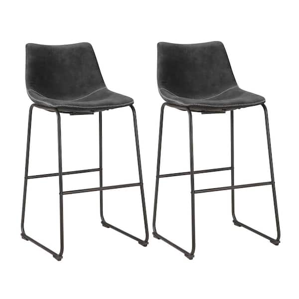 AmeriHome Leisure Chair 30 in. Faux Charcoal Leather, High Back, Black Steel Bar Stool (Set of 2)