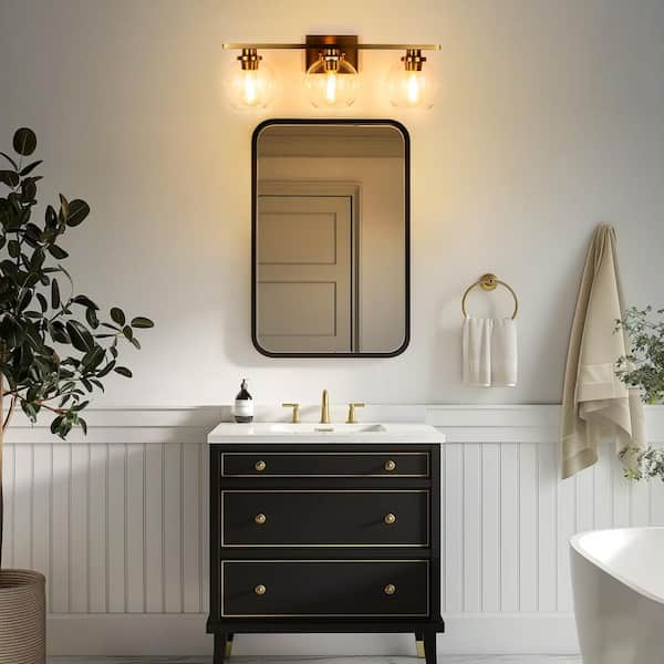 25 in. 3-Light Gold Bathroom Vanity Light with Open Globe Clear Glass Shades, Modern Farmhouse Wall Sconce
