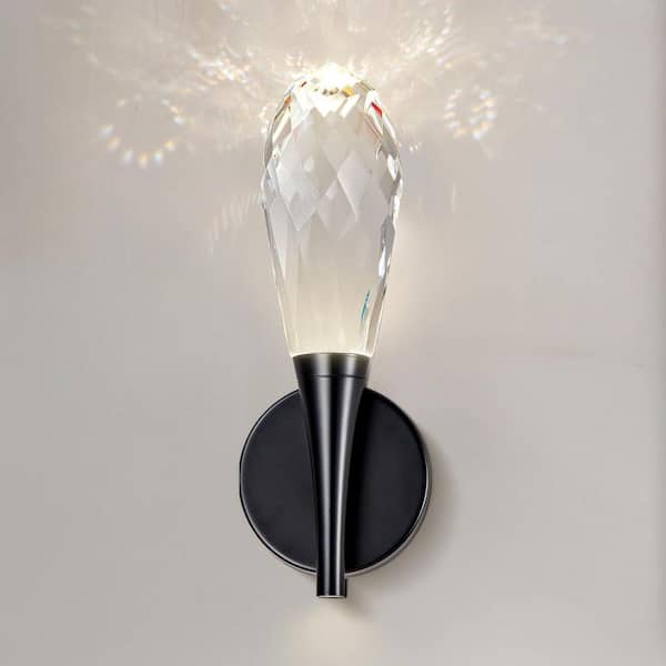 12 in. 1-Light Modern Black LED Wall Sconce, Luxury Globe K9 Crystal Wall Lighting for Living Room, Bedroom, Hallway