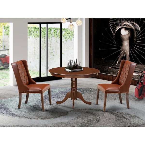 East West Furniture 3-Piece Mahogany Finish Solid Wood Top - Button Tufted Upholstered Dining Room Set - Seats 4