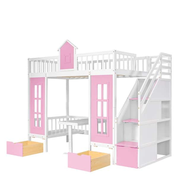 Polibi Twin-Over-Twin Bunk Bed with Changeable Table, Bunk Bed Turn into Upper Bed and Down Desk with 2-Drawers, Pink