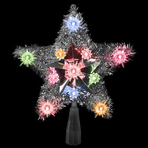 9 in. Lighted Silver Tinsel Star Christmas Tree Topper in Multi-Lights