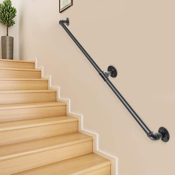 6 ft. Pipe Stair Handrail 440 lbs. Load Capacity Wall Mounted Handrail Round Corner Handrails for Outdoor Steps in Black