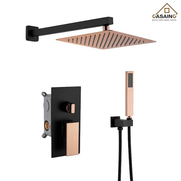 2-Spray 10 in. Wall Mount Dual Shower Heads and Handheld Shower Head with 2.5 GPM in Black and Rose Gold