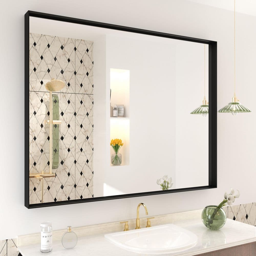 40 in. W x 32 in. H Rectangular Aluminum Alloy Framed and Tempered Glass Wall Bathroom Vanity Mirror in Matte Black price history on PriceWatchPro