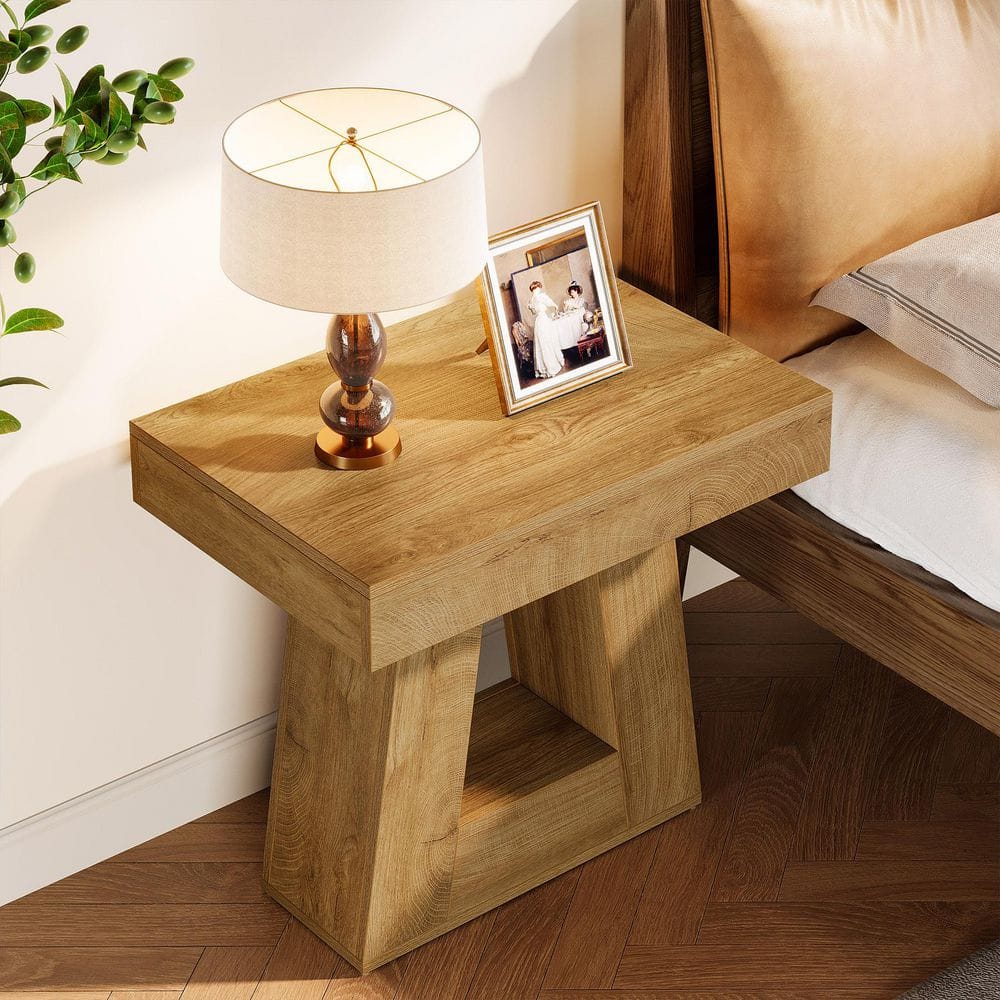 Kerlin 23.62 in. Brown Rectangular Wood 2-Tier Narrow End Table Side Table Nightstand with Trapezoid Base - thumbnail 6