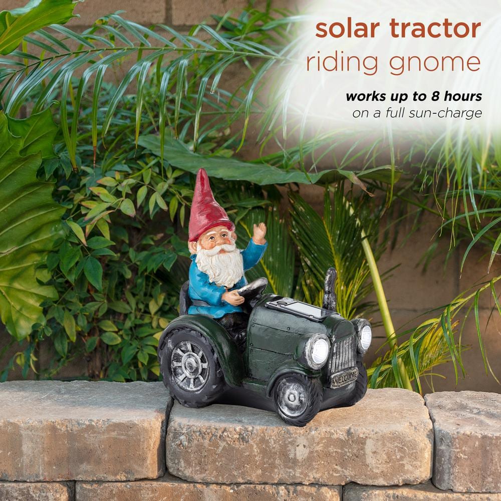 10" Green Polyresin Solar Gnome on Tractor with LED Lights