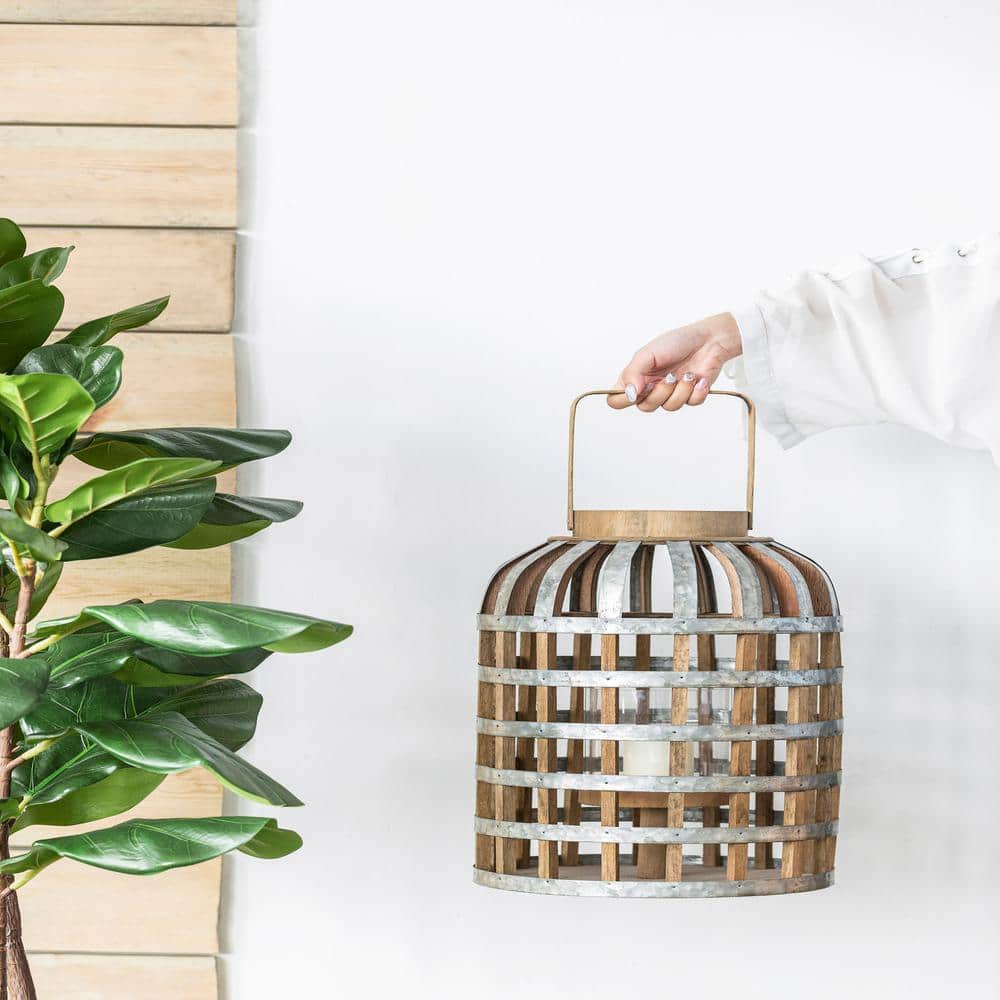 Silver Decorative Lantern with Handle, Wooden Lantern for Indoor Outdoor, H