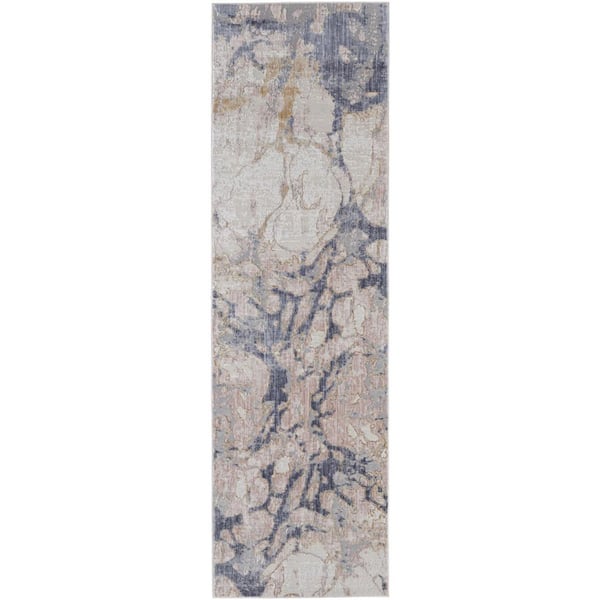 3 ft. x 12 ft. Beige and Blue Abstract Area Rug