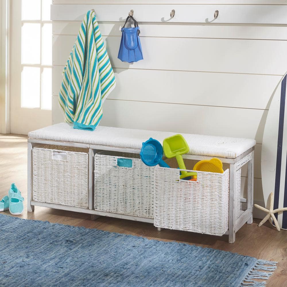 White Pine Wicker-Style Kid's Storage Bench with Baskets