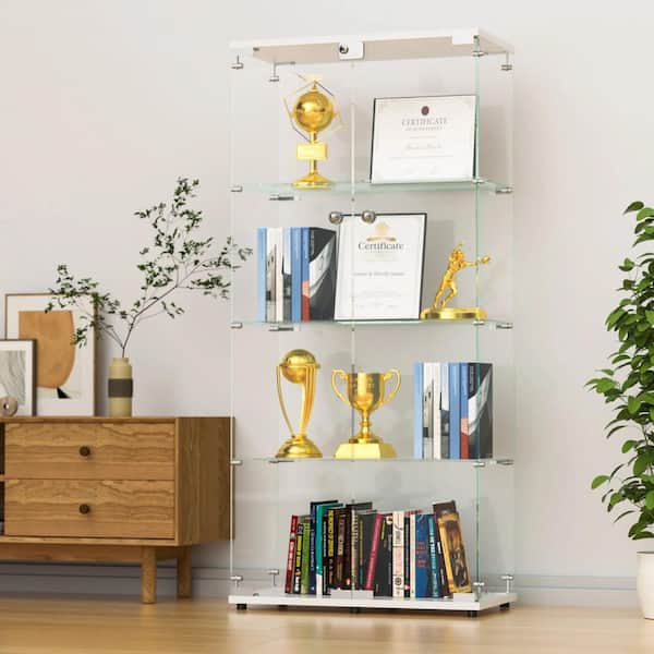 Two-Door White 64.56 in. H Glass Display Cabinet with 4 Shelves, Floor-Standing Curio Bookshelf for Home and Office