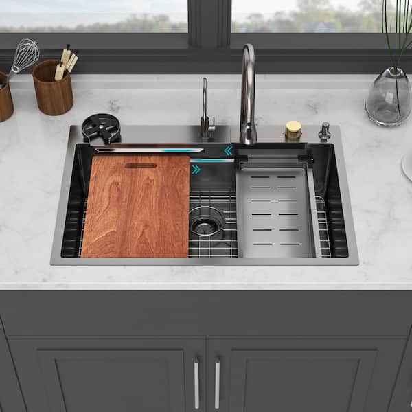 Qidian 33 in. Drop in Single Bowl 16-Gauge Gunmetal Black Workstation Stainless Steel Kitchen Sink with Faucet and Cup Washer