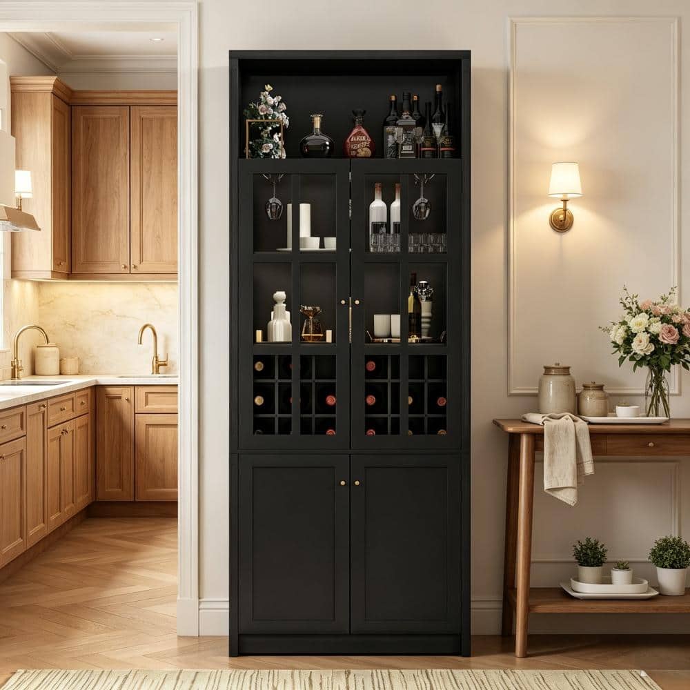 78.7" Freestanding Wine Cabinet with Glass Doors, 18-Bottle Grid, Door Storage Shelves & Adjustable Cabinet in Black