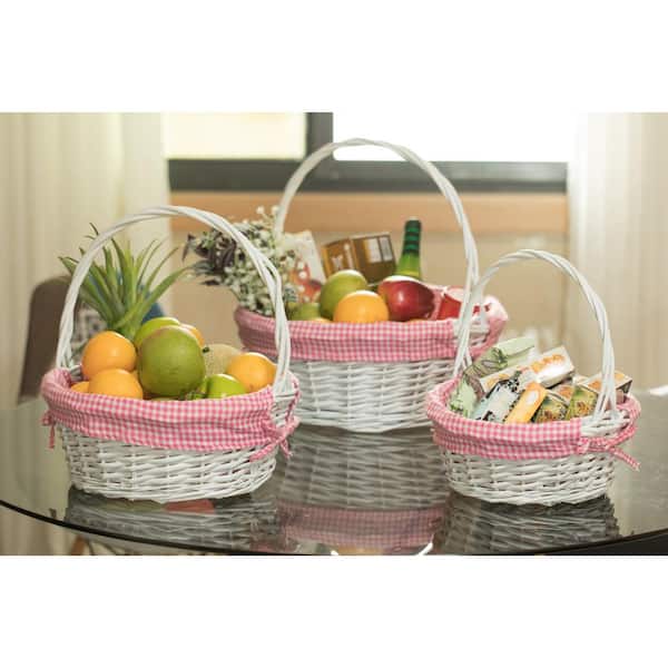 White Round Willow Gift Basket with Pink Gingham Liner and Handle (Set of 3)