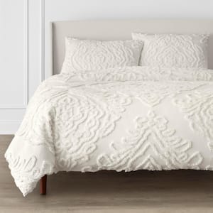 Harleson 3-Piece White Geometric Tufted Chenille and Frayed Cotton King/Cal  King Duvet Cover Set