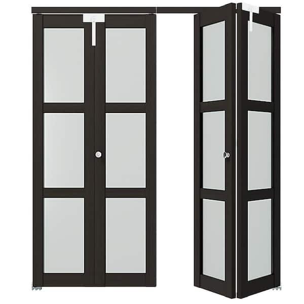 TENONER 72 in. x 80 in. 3-Lite Frosted Glass Solid Core Mocha PVC