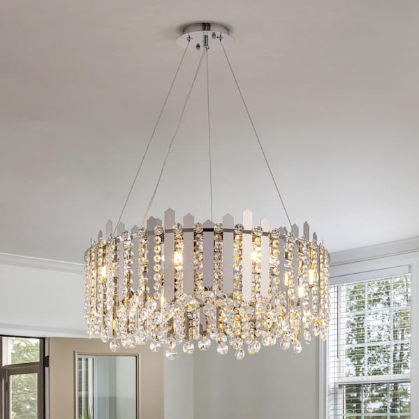 23.6 in. Modern 8-Light Chrome Crystal Chandelier Circle Round 2-Tiers Chandelier for Dining Living Room Bedroom