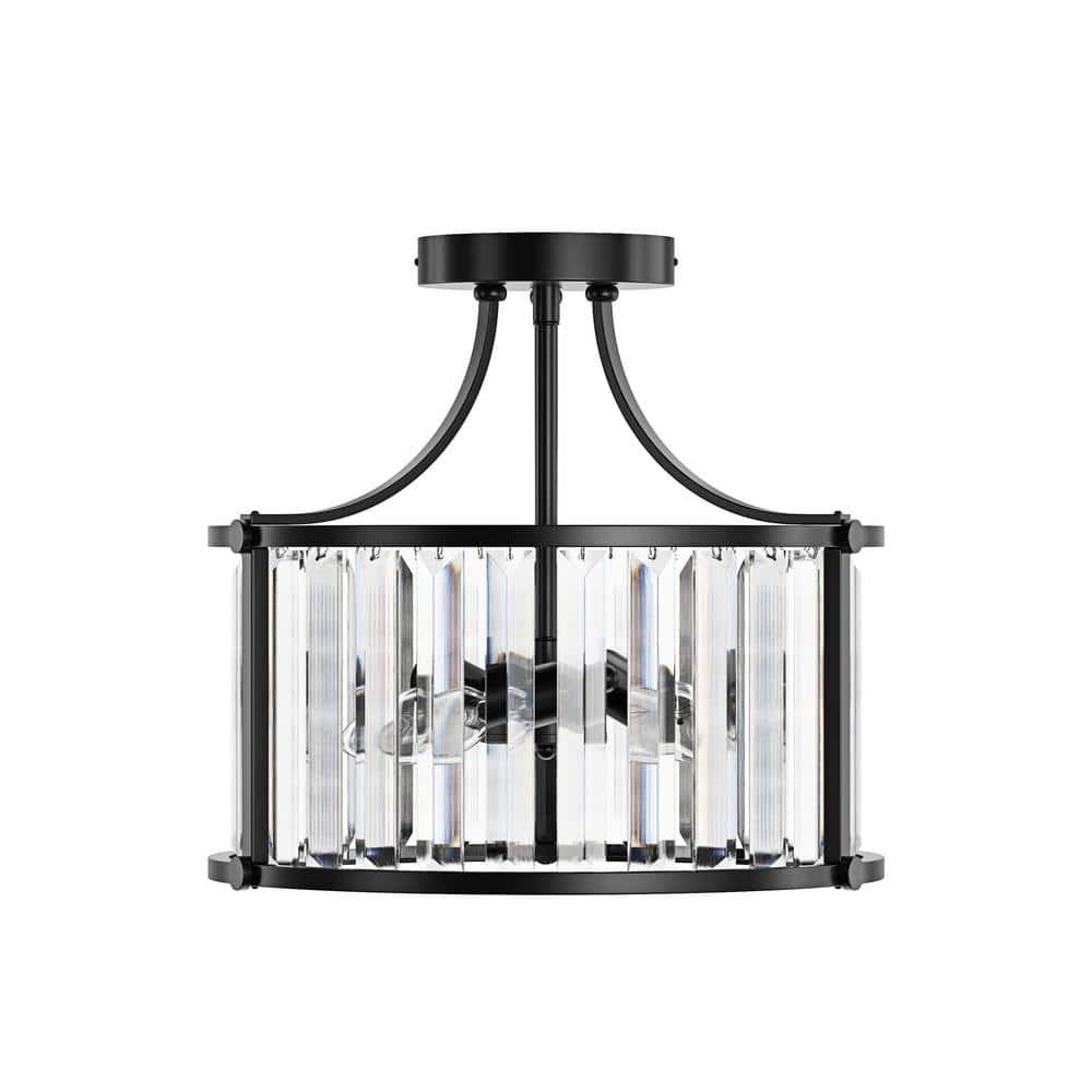 Modern 12.6 in. 3-Light Crystal Semi-Flush Mount Matte Black Close to Ceili