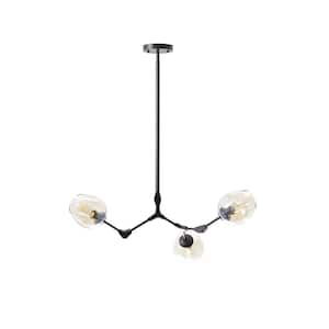 3-Light Amber Modern Linear Chandelier with Black Adjustable Arms and Glass Shades