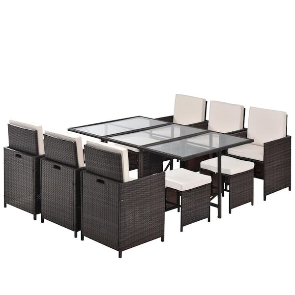 waelph 11-Piece Wicker Patio Conversation Set with Beige Cushions and Ottomans