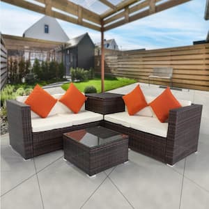 Brown 4-Piece Wicker Patio Conversation Set with Beige Cushions and Storage Box
