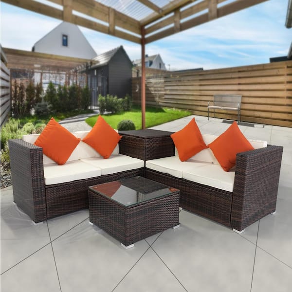 Nestfair Brown 4-Piece Wicker Patio Conversation Set with Beige Cushions and Storage Box