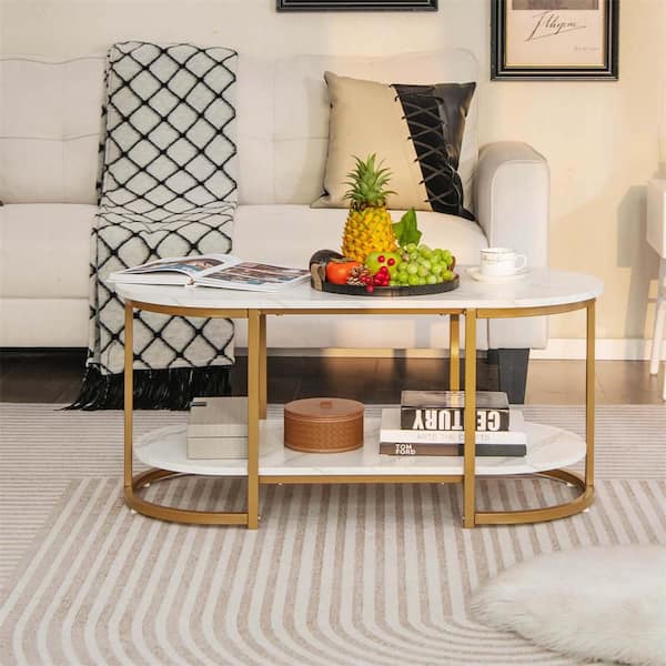 Costway 39 in. White Oval Marble Coffee Table Modern 2-Tier Center