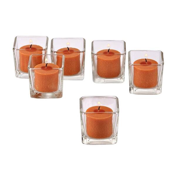 Light In The Dark Clear Glass Square Votive Candle Holders with Orange Votive Candles (Set of 12)