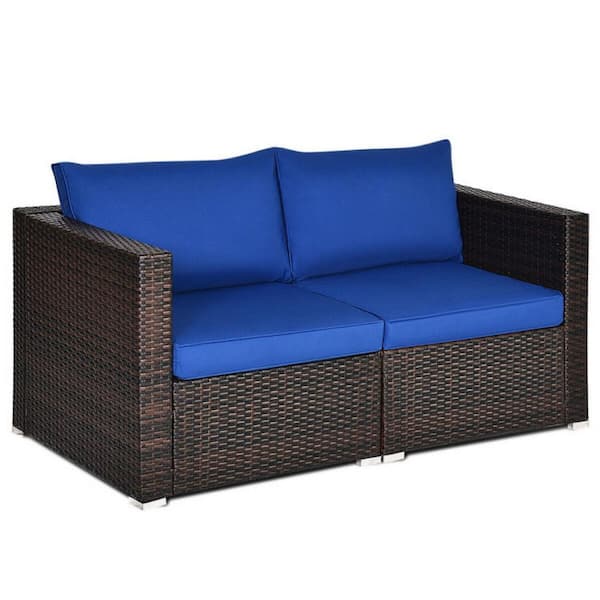 Clihome 2-Piece Wicker Outdoor Patio Sectional Rattan Conversation Sofa Set with Navy Cushions