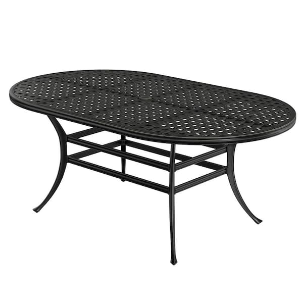 72 in. W x 42 in. D Black Cast Aluminum Outdoor Patio Grid Style Tabletop Oval Dining Table with Umbrella Hole