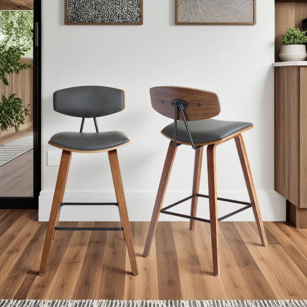 Fox 28.5 in. Mid-Century Bar Height Bar Stool in Gray Faux Leather with Wal