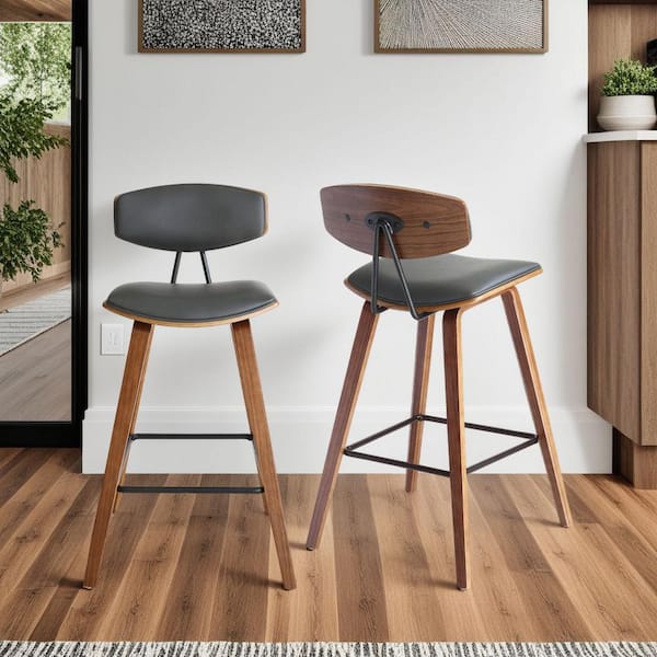 Armen Living Fox 28.5 in. Mid-Century Bar Height Bar Stool in Gray Faux Leather with Walnut Wood