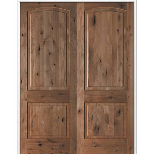 Krosswood Doors 60 in. x 96 in. Rustic 2-Panel Arch Top Universal True Black Stain Knotty Alder Wood Double Prehung Interior Door
