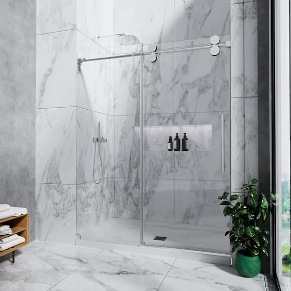56 in.-60 in. W x 72 in. H Frameless Single Sliding Shower Door-5/16 in. Tempered Glass, Bypass Design w/ Brushed Nickel