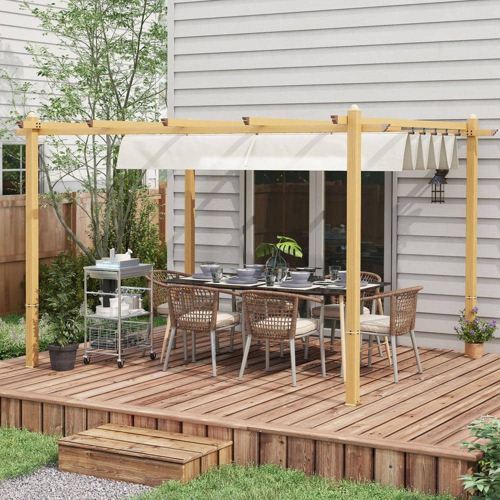 Cream White 10' x 12' Aluminum Pergola with Retractable Canopy