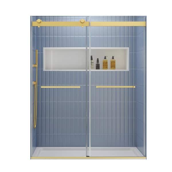 48 in. W x 74 in. H Sliding Frameless Shower Door in Brushed Gold Finish with Clear Glass