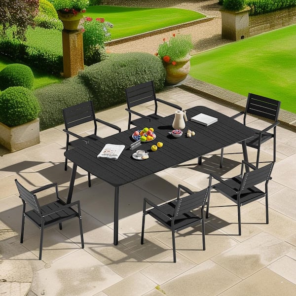 7-Piece Aluminum Outdoor Dining Set in Black with Stackable Arm Chairs, Wood-Like Table Top and Umbrella Hole