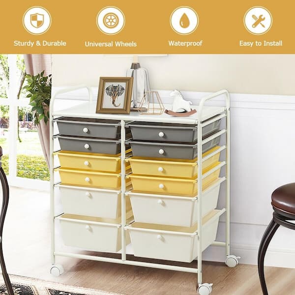 12 Plastic Drawers Rolling Cart Storage Organizer Bins with Four wheels in Yellow